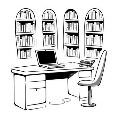 A cozy library with curved bookshelves and an open old-school laptop

 sticker