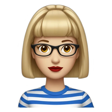 caucasian woman with square black glasses, straight bangs, red lipstick, blue and white striped t shirt sticker