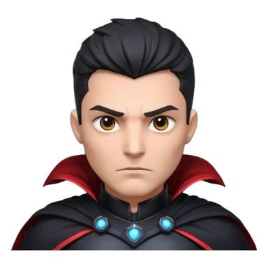 dark sci-fi villain portrait, head and shoulders only, black armor, cape collar, intense eyes, dramatic lighting, 3D cartoon, mobile game icon, clean background, no text
 sticker