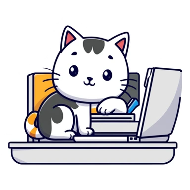 a girl working at a computer with a cat curled up next to the computer sticker