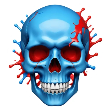 premium black skull with geometric brand patterns, striking electric blue and red paint splashes only within skull contours, perfect detailed fine art quality, three-quarter view sticker