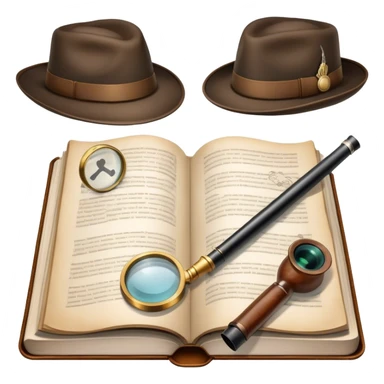 Icon for Detective Reading: an open book with text and a magnifying glass on the pages, a classic detective hat and a pipe, surrounded by clues like footprints, a revolver and a notepad. The icon should represent the mystery and intrigue of detective stories. Transparent background. sticker