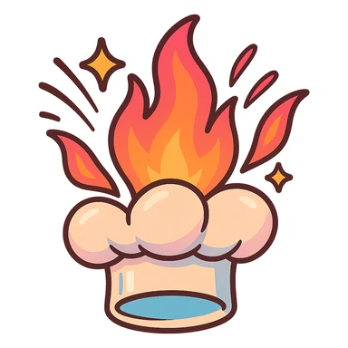 chef's hat explode with trails of fires, toon, playful, magic flame neon orange to neon pink gradient, vibrant, flame matching style reference file sticker
