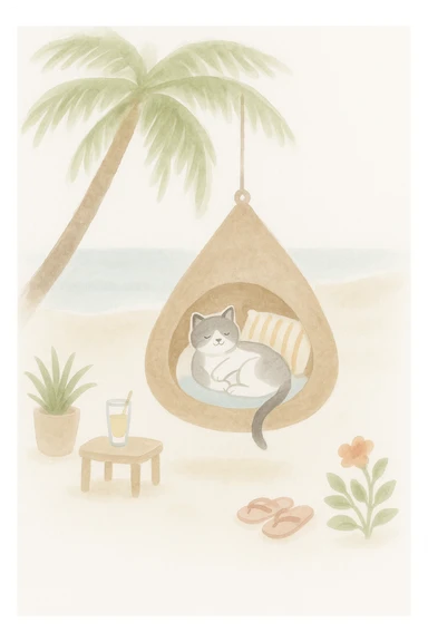 A cat lying in a hanging chair on the beach under a palm tree, with the sea, sand, a table with a drink, plants, and slippers nearby. Rendered in watercolor style with soft blurred lines, watercolor textures, and gentle colors. sticker