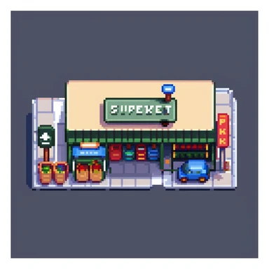 Isometric view of a supermarket building exterior with parking lot, shopping carts, and store sign sticker