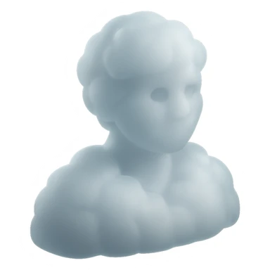 front view portrait of a person made of white fluffy clouds, shoulders up, matte glass style sticker