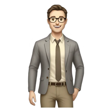 Joyful Full height Pale skinned Fit Man With dark brown hair in gray jacket, beige office shirt, Brown pants and vintage glasses. His thrumbs up sticker