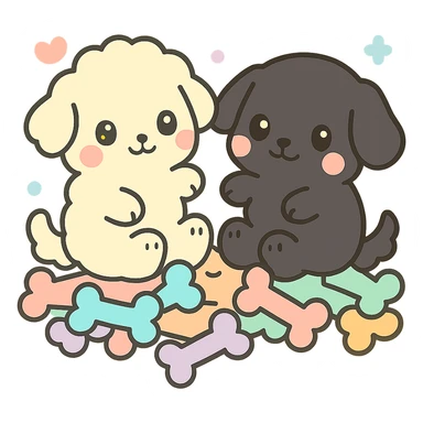Darken the outlining on the small black dog to make it stand out more, keeping the kawaii chibi style. Leave the large dog and the pile of colorful bones unchanged. Transparent background. sticker