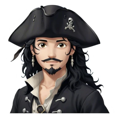 A charismatic pirate with wavy black hair that falls just past his shoulders, tousled slightly by the sea breeze. He wears a black tricorn hat with subtle silver embroidery along the edges, casting a shadow over his sharp, confident features. His piercing dark eyes glint with mischief as he gazes to the side, a knowing smile playing at his lips. His well-fitted black coat, adorned with polished silver buttons and intricate stitching, moves slightly with the wind, revealing glimpses of a deep-crimson waistcoat underneath. A silver chain dangles from his belt, catching the dim golden light of the setting sun. His posture is relaxed yet assured, exuding effortless charm as if he owns the sea itself. sticker