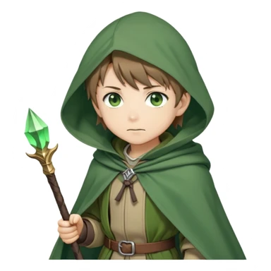 Rudeus Greyrat from Mushoku Tensei, green eyes, short light brown hair, wearing adventurer's outfit with a green cloak, holding a staff, confident and curious expression sticker