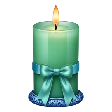 A soft blue candle in an ornate green glass holder, tied with a delicate satin blue bow. sticker
