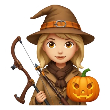 female human monster hunter emoji, wearing brown coat and hat, holding crossbow, soft smile, scarf, glowing pumpkin by her side, Halloween fantasy style, clean vector Apple emoji look, bright colors, white background, square sticker