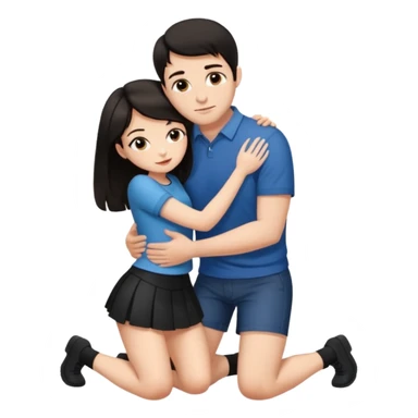 man with dark hair on knees, facing dark haired woman in a micro mini skirt, hugging her waist sticker