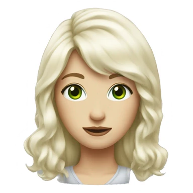 woman, a bit wave hair with bang, hair below shoulders, green eyes, white skin, hipster look, sticker