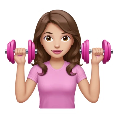 girl with wavy long brown hair, brown eyes, light to medium complexion, long lashes, light pink lipstick, wearing light pink shirt, lifting a pink dumbells sticker