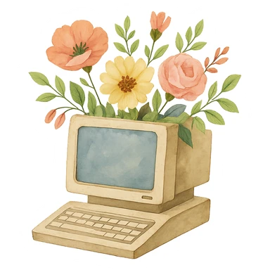 watercolor style computer with flowers growing out of it sticker