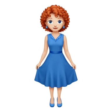 una profesora mayor simpática con el pelo rojo rizado, ojos azules, vestido azul y pendientes azules hablando altura completa sonriendo sticker