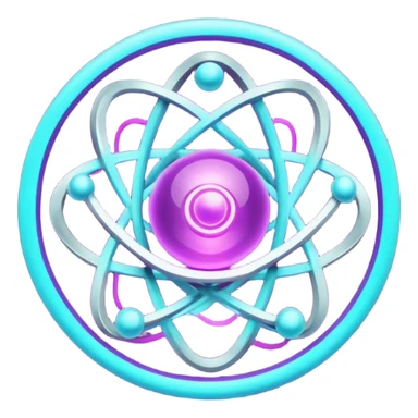 futuristic minimalistic logo icon, glowing atom core with orbiting energy rings, neon purple (#8B5CF6) and cyan (#00E0FF) glow, representing Atom team creativity and innovation, dark background, clean tech design, no face, 1:1 aspect ratio sticker
