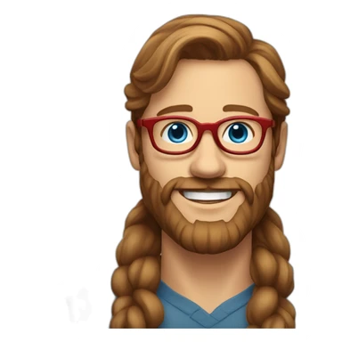 a Scandinavian man with blue eyes long brown hair a beard red glasses and a big smile sticker