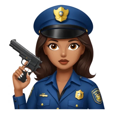 A sexy girl. with caramel skin. Dark brown hair and brown eyes. She has freckles. Wearing sexy makeup. Dressed as a sexy cop. wearing lingerie. Wearing heels on her feet. Holding a gun sticker
