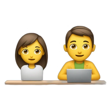 one person with laptop, another person observing sticker