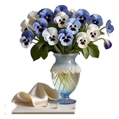 A carefully arranged still life featuring a crystal vase filled with an enchanting mix of soft blue and creamy white pansies, their petals unfolding like miniature works of art. A string of pearls is casually draped beside the vase, reflecting a subtle iridescence under candlelight. The backdrop is a hand-painted silk fabric in gentle shades of pearl and ivory, its smooth texture enhancing the refined beauty of the floral display sticker