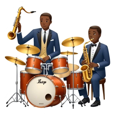 Icon for Jazz Music: The Jazz Messengers, featuring a dynamic composition with Art Blakey on drums and musicians playing saxophone, trumpet, and piano. Musical notes and a warm jazz club atmosphere emphasize the vibrant hard bop style. Transparent background. sticker