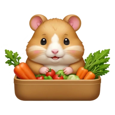 Cute chubby cartoon-style hamster holding a small bento box filled with vegetables, smiling proudly. Soft painterly shading, white background, sticker-style illustration sticker