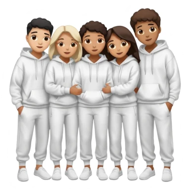 four mixed race friends all wearing white oversized hoodies, white sweatpants, and white slides huddled together hugging sticker