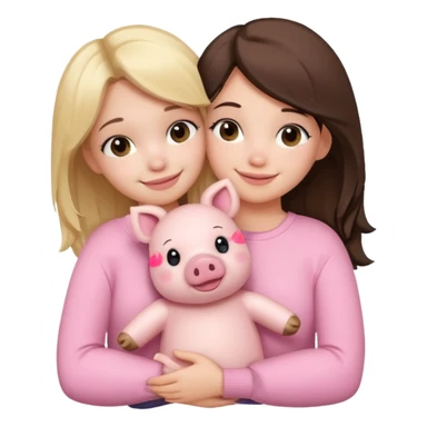 Girlfriends, blonde and brunette, hugging each other with a teddy bear and a little pig sticker