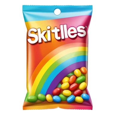 An extremely minimalist Skittles package, simple rainbow stripe design with a few green candies. Very clean and simplified. sticker