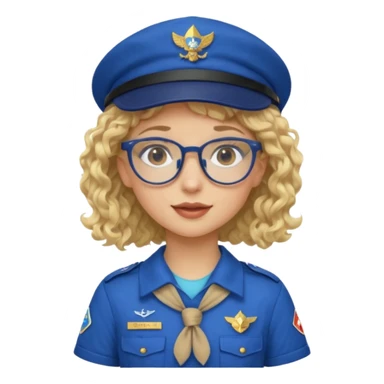 scout girl with blue scout uniform including hat, blonde curly haired and glassess sticker