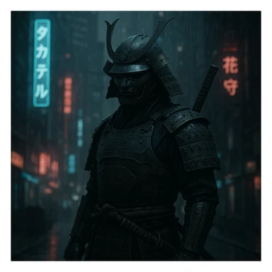 photorealistic cyberpunk samurai in a neon-lit cityscape, desaturated colors, dramatic lighting sticker