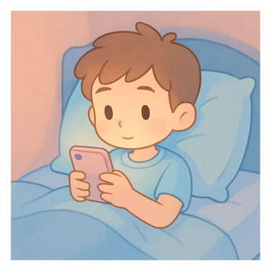 pastel toon style boy in a blue bed, on his phone, wearing a light blue t-shirt sticker