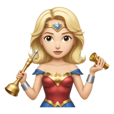 Blonde Wonder Woman holding short white orchestra conductor’s baton and bell sticker