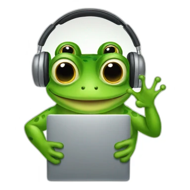 a frog man holding a laptop wearing headdphones sticker