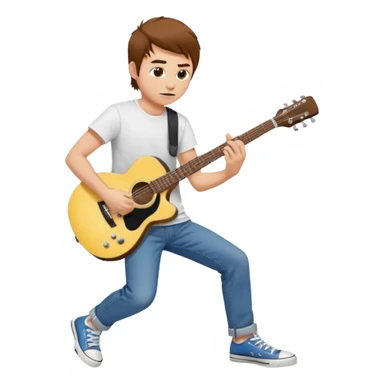yellow skin Guy with brown hair, white tee, blue jeans and black converse playing a guitar sticker