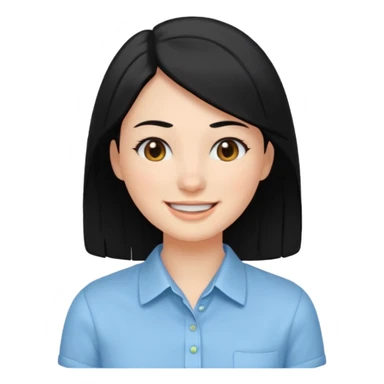 검정 긴머리에 청순한 직장인의 모습 웃고 있으면 좋겠어 하늘색 셔츠를 입으면 좋을 거 같ㅇ다  눈동자도 검정색 이빨은 보이지 않게 미소만 띄우면 좋겠어  sticker