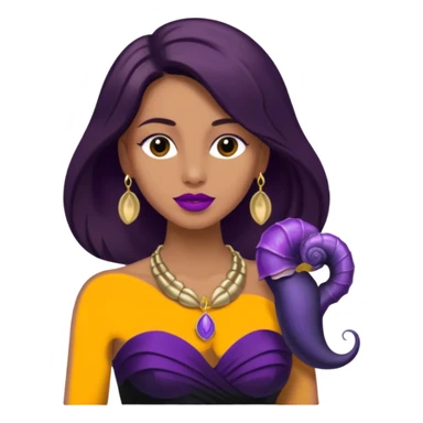 This person headshot view, wearing a strapless black dress, having long brown hair, dark pinkish purple lips, and wearing a small nautilis gold shell necklace around her neck sticker