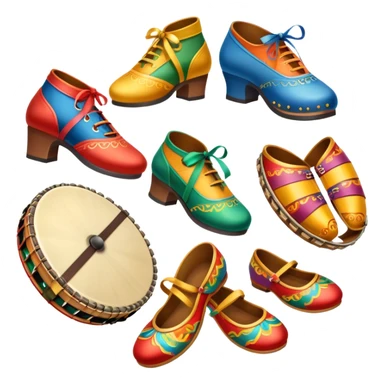 Icon for Folk Dance: close-up traditional dance shoes, colorful folk costumes, and a dance circle with ribbons and musical instruments like a tambourine or accordion. The icon should represent the vibrant and cultural aspects of folk dancing. Transparent background. sticker