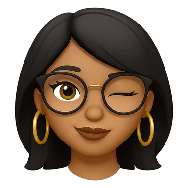 Add gold hoop earrings and stylish glasses to the winking light brown skin girl with small lips, black layered hair, and doe eyes in emoji style. sticker