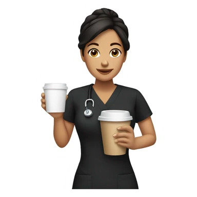Hispanic woman in black scrubs holding coffee sticker