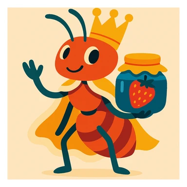 ant king with crown, holding strawberry jam, fun and whimsical sticker