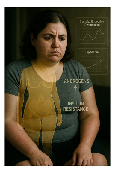 cinematic realistic in italiano Woman with PCOS struggling with hormonal chaos, transparent overlay showing elevated androgens and insulin resistance affecting her body, lipedema causing disproportionate fat accumulation in legs and arms despite normal torso, expression of frustration with unexplained weight gain, medical charts showing complex endocrine dysfunction, painful swollen limbs contrasting with metabolic confusion sticker