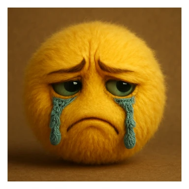 a yellow furry ball face showing sadness and envy, with fur-textured tears and realistic emotional expression sticker