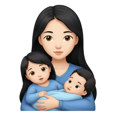 Beautiful Asian girl with long black hair and brown eyes holding baby boy in her arms sticker