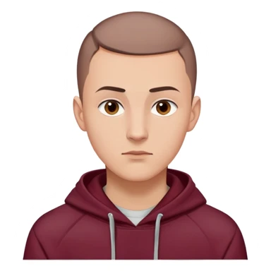 European male youth, maroon hoodie up, short brown buzzcut, smooth skin, oval face, strong jawline, high cheekbones, sharp focused eyes, straight eyebrows, calm neutral look sticker