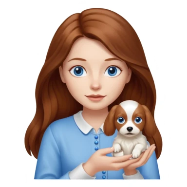 long hair chestnut color blue eyes woman holding small cream dog sticker
