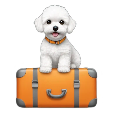 a white maltipoo with orange luggage next to him sticker
