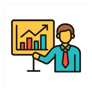 office worker presenting a chart, clean modern icon style sticker